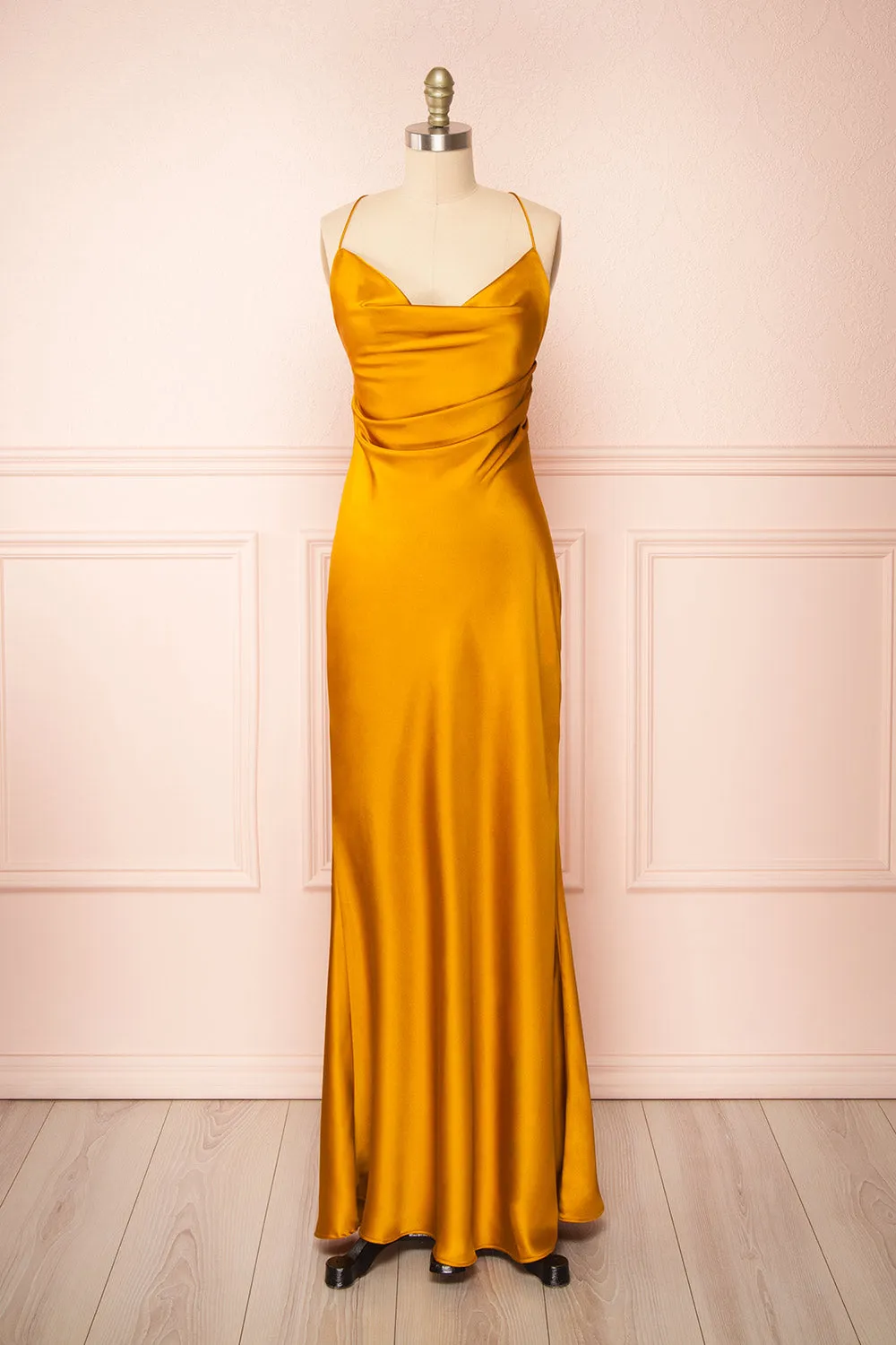 Areane Yellow | Cowl Neck Satin Maxi Dress w/ Chain