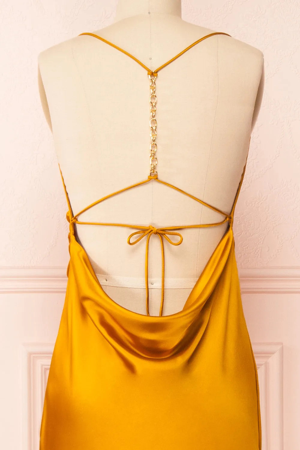 Areane Yellow | Cowl Neck Satin Maxi Dress w/ Chain