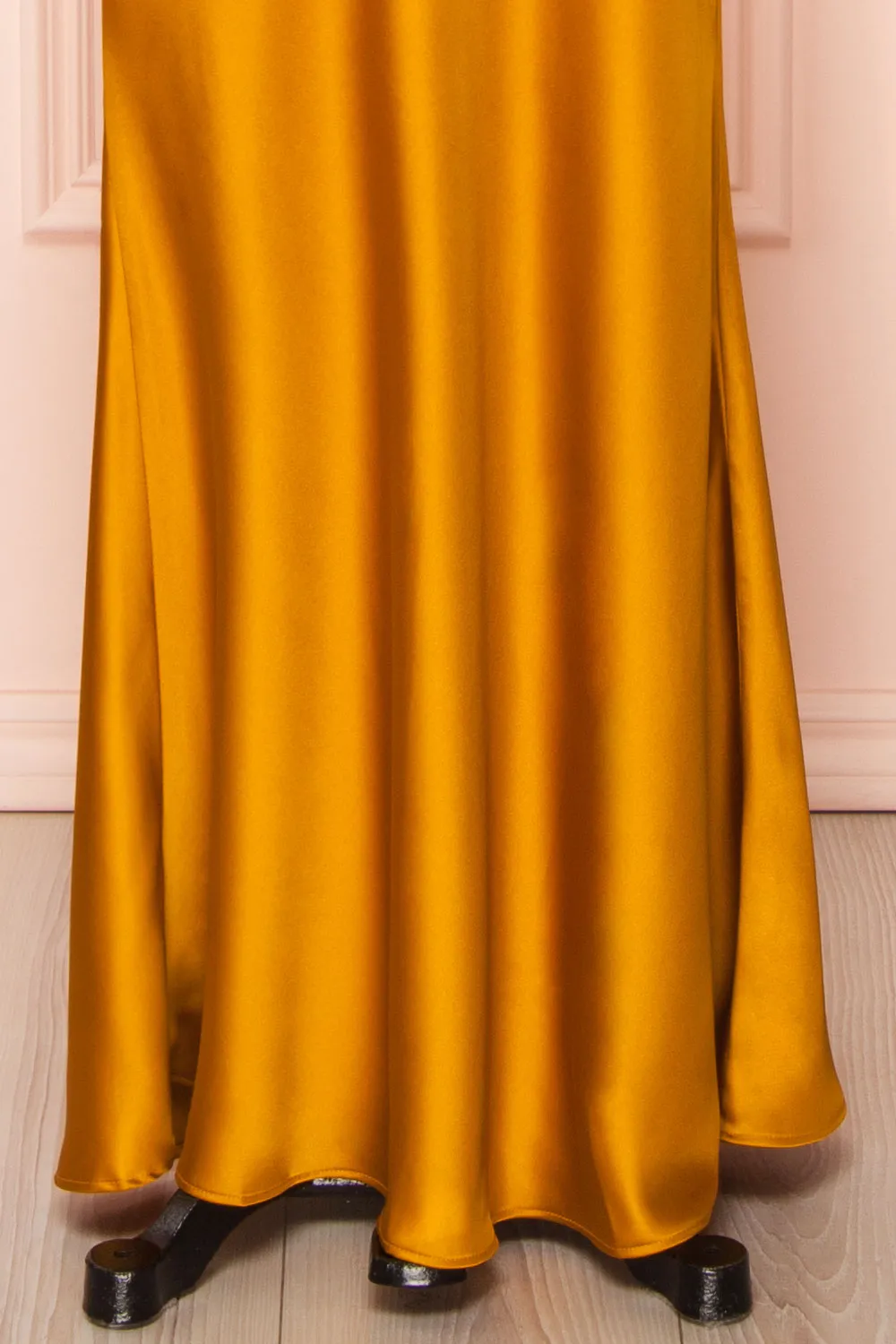 Areane Yellow | Cowl Neck Satin Maxi Dress w/ Chain