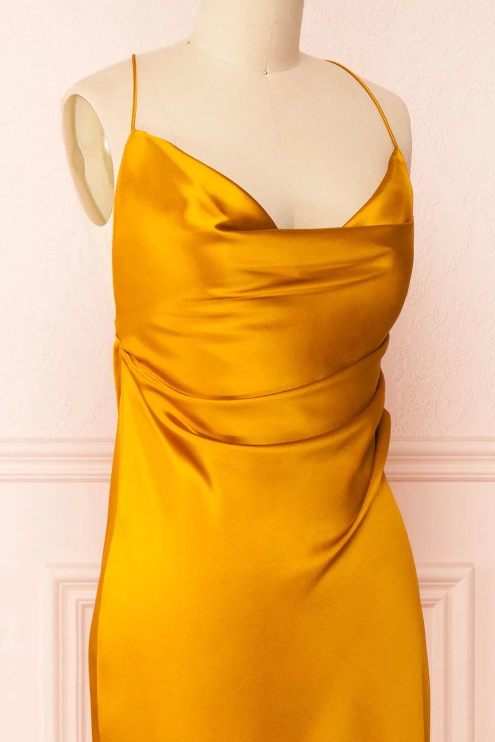 Areane Yellow | Cowl Neck Satin Maxi Dress w/ Chain