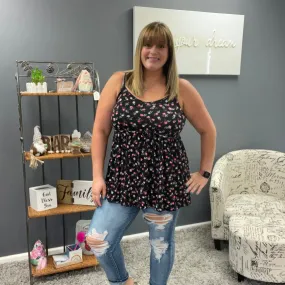 Black Floral Spaghetti Strap Babydoll Tank