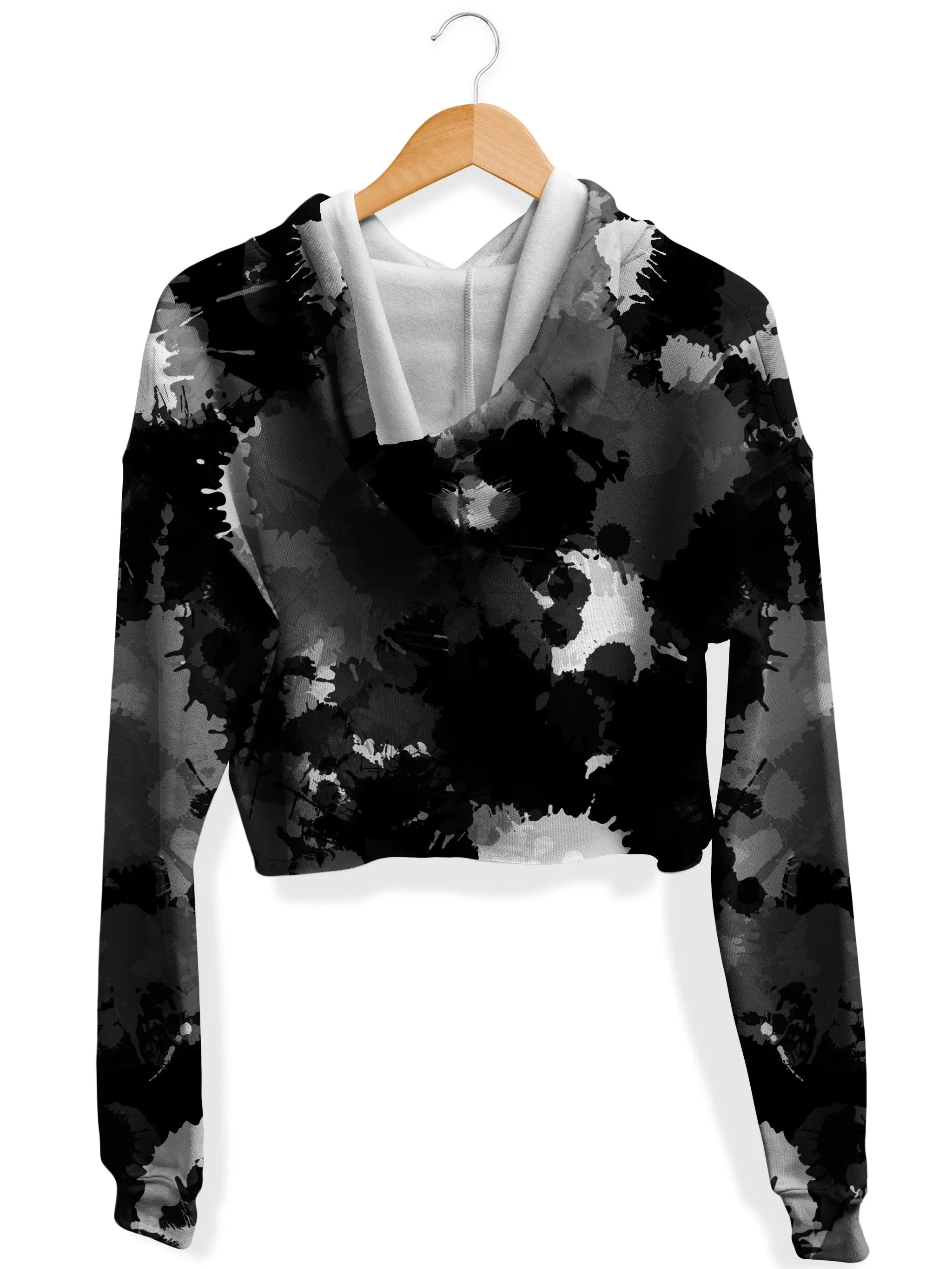 Black White and Grey Paint Splatter Fleece Crop Hoodie