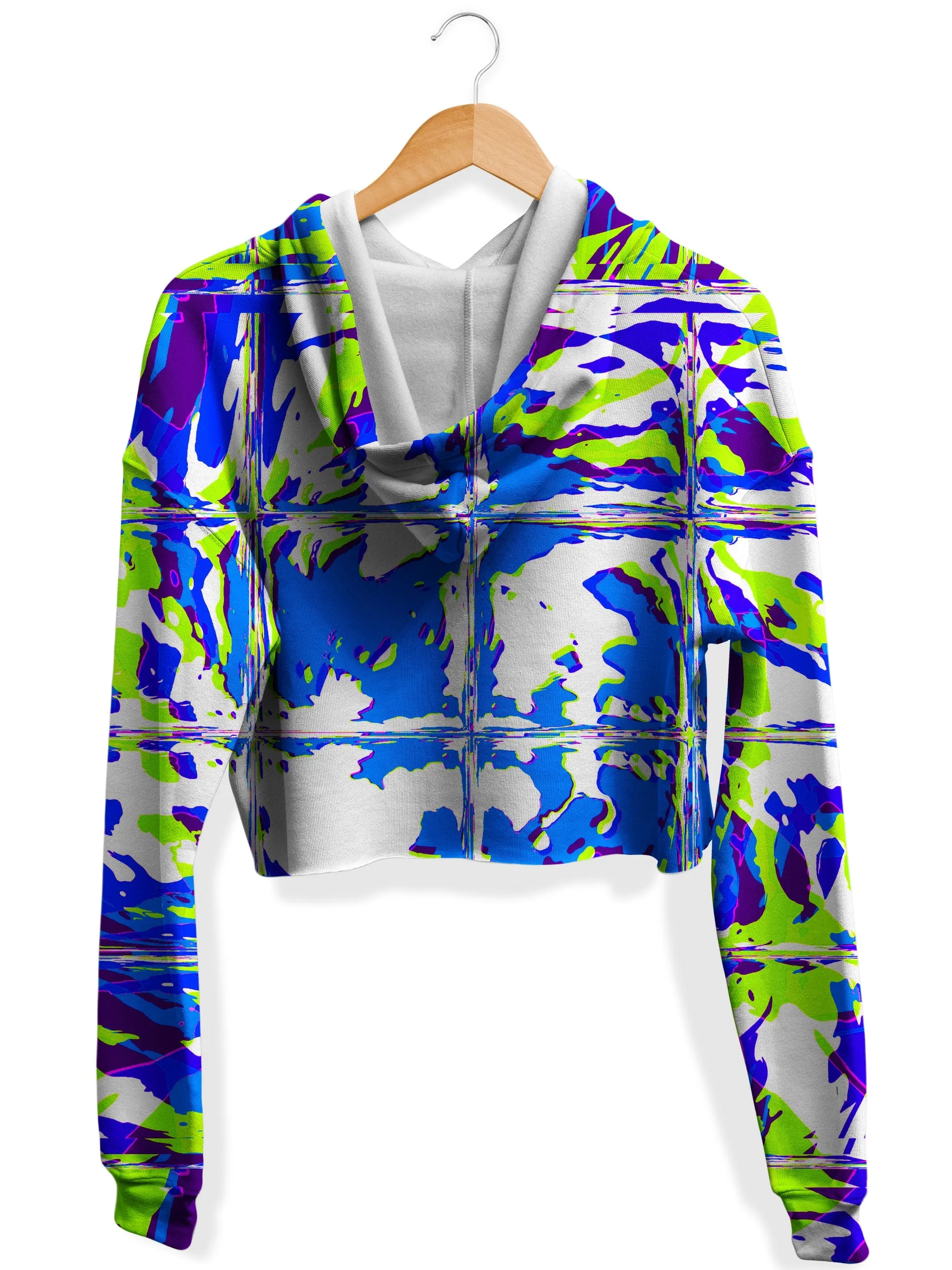 Blue Rave Glitch Fleece Crop Hoodie