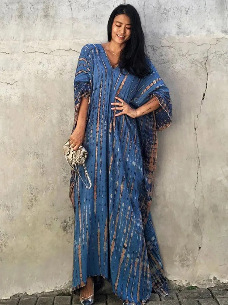 Bohemian Kaftan, Retro Striped Tie Dye Women Swimsuit Cover Up Bikini Wrap Beach Dress Beachwear Kimono Kaftan