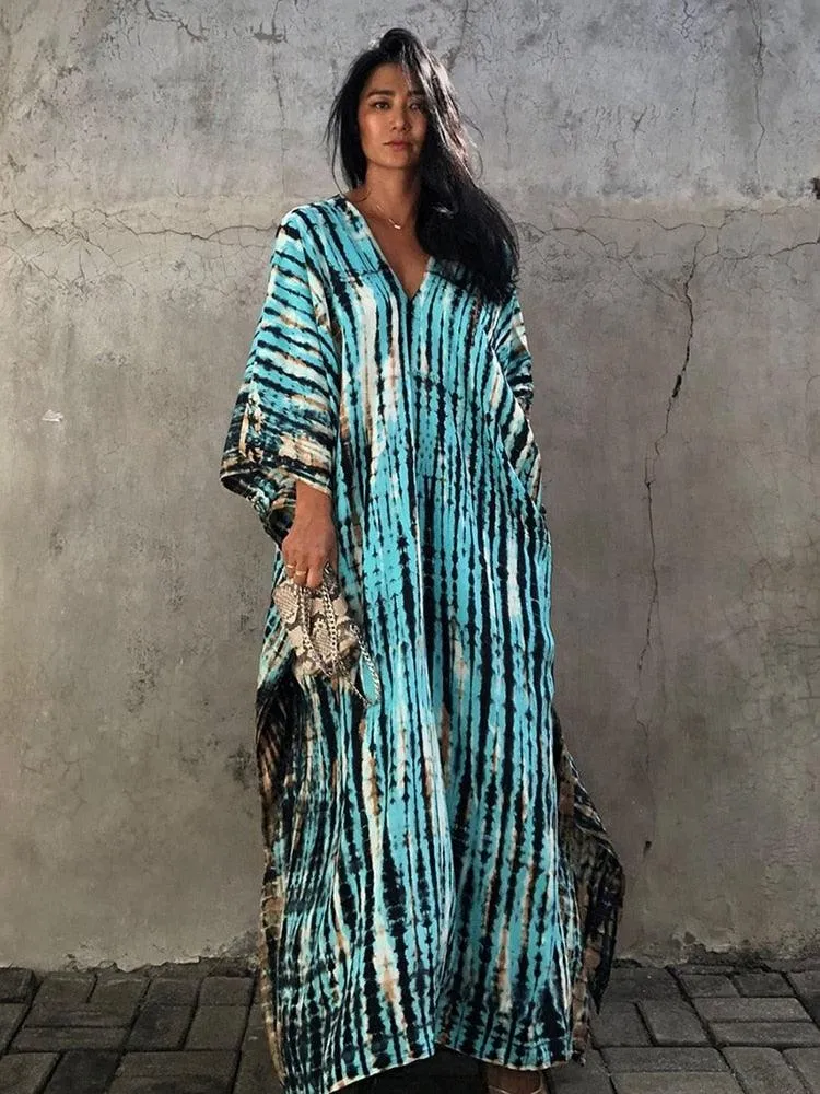 Bohemian Kaftan, Retro Striped Tie Dye Women Swimsuit Cover Up Bikini Wrap Beach Dress Beachwear Kimono Kaftan