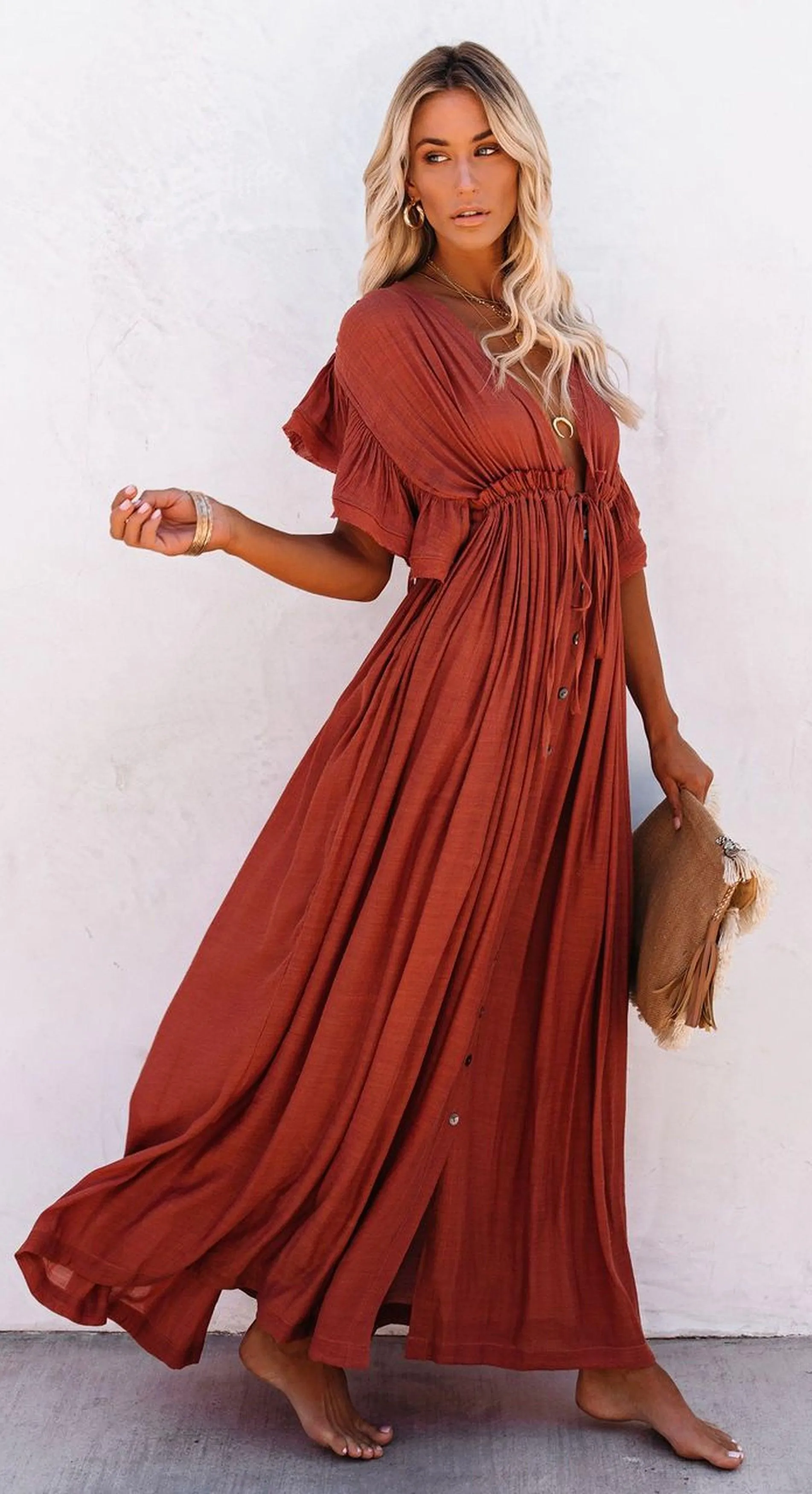 Bohemian Maxi Dress, Beach Dress, Women Boho Long Bikini Cover Up Dress, High Waist Casual V-Neck Sexy Dress