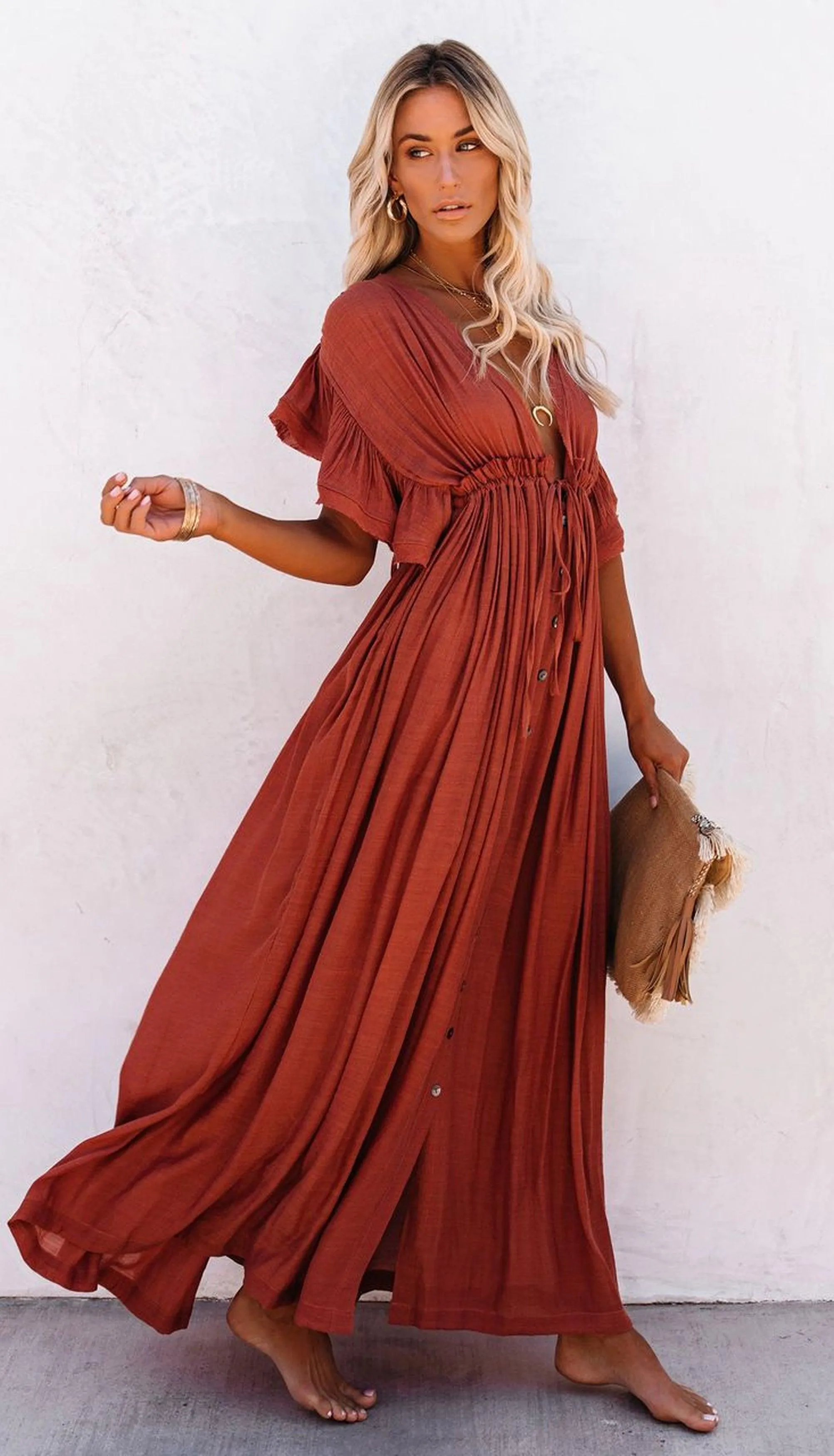 Bohemian Maxi Dress, Beach Dress, Women Boho Long Bikini Cover Up Dress, High Waist Casual V-Neck Sexy Dress