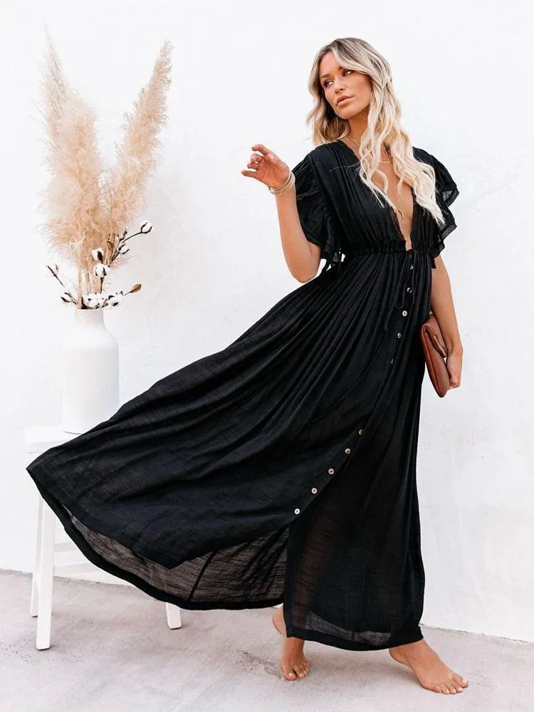 Bohemian Maxi Dress, Beach Dress, Women Boho Long Bikini Cover Up Dress, High Waist Casual V-Neck Sexy Dress