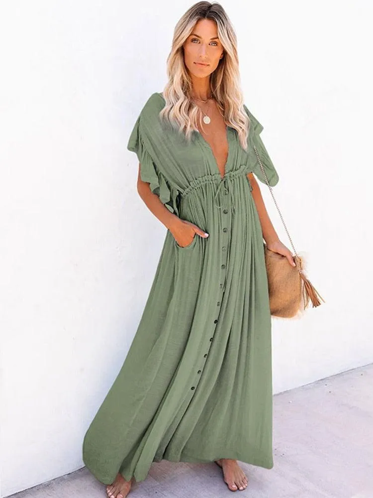 Bohemian Maxi Dress, Beach Dress, Women Boho Long Bikini Cover Up Dress, High Waist Casual V-Neck Sexy Dress