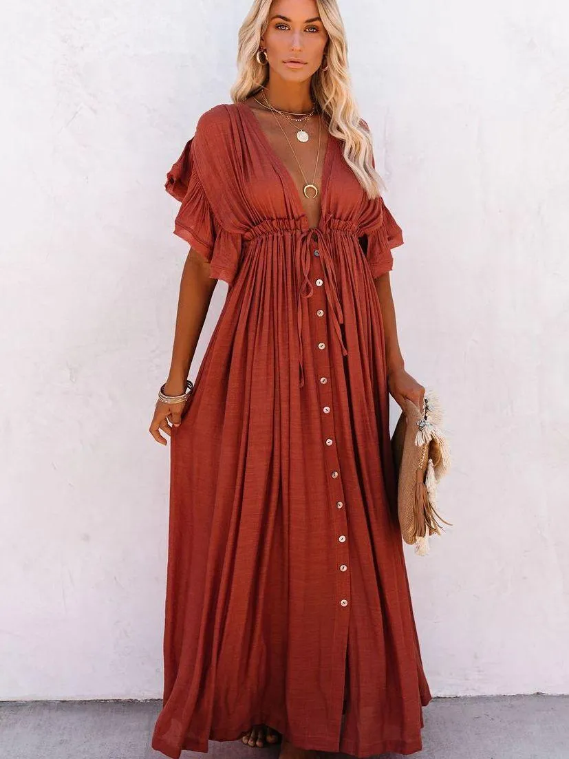 Bohemian Maxi Dress, Beach Dress, Women Boho Long Bikini Cover Up Dress, High Waist Casual V-Neck Sexy Dress