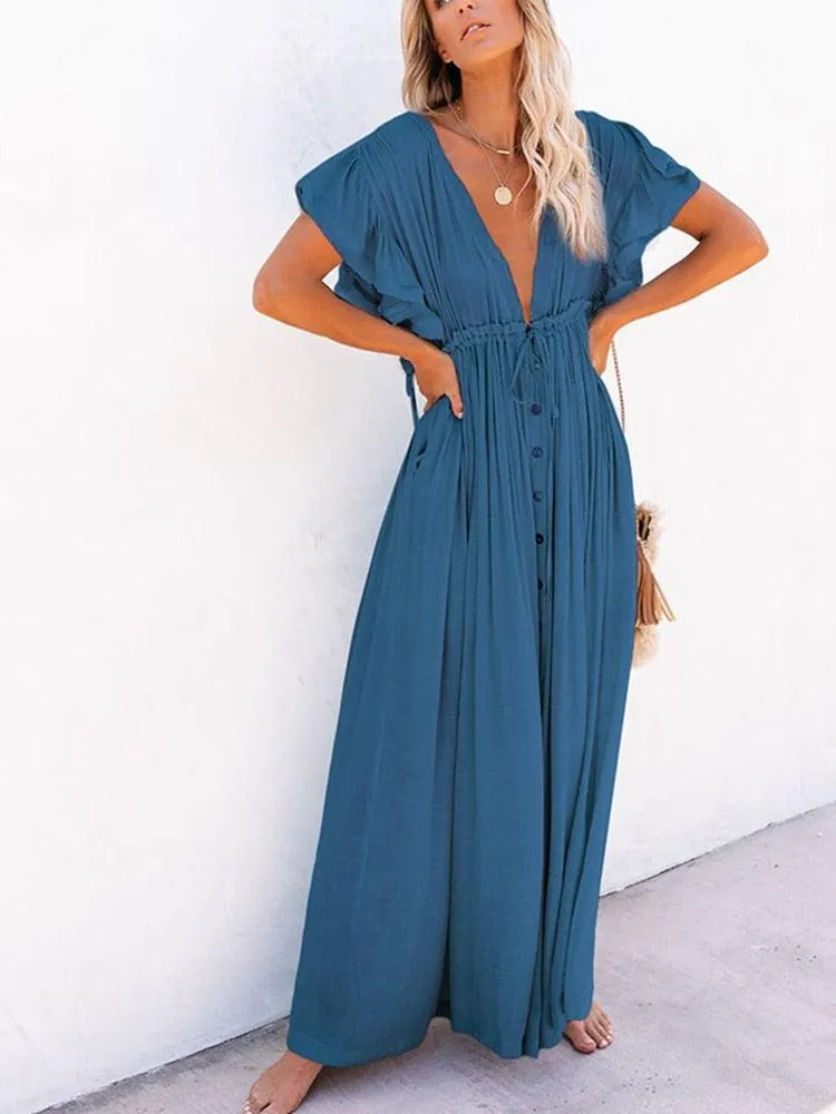 Bohemian Maxi Dress, Beach Dress, Women Boho Long Bikini Cover Up Dress, High Waist Casual V-Neck Sexy Dress