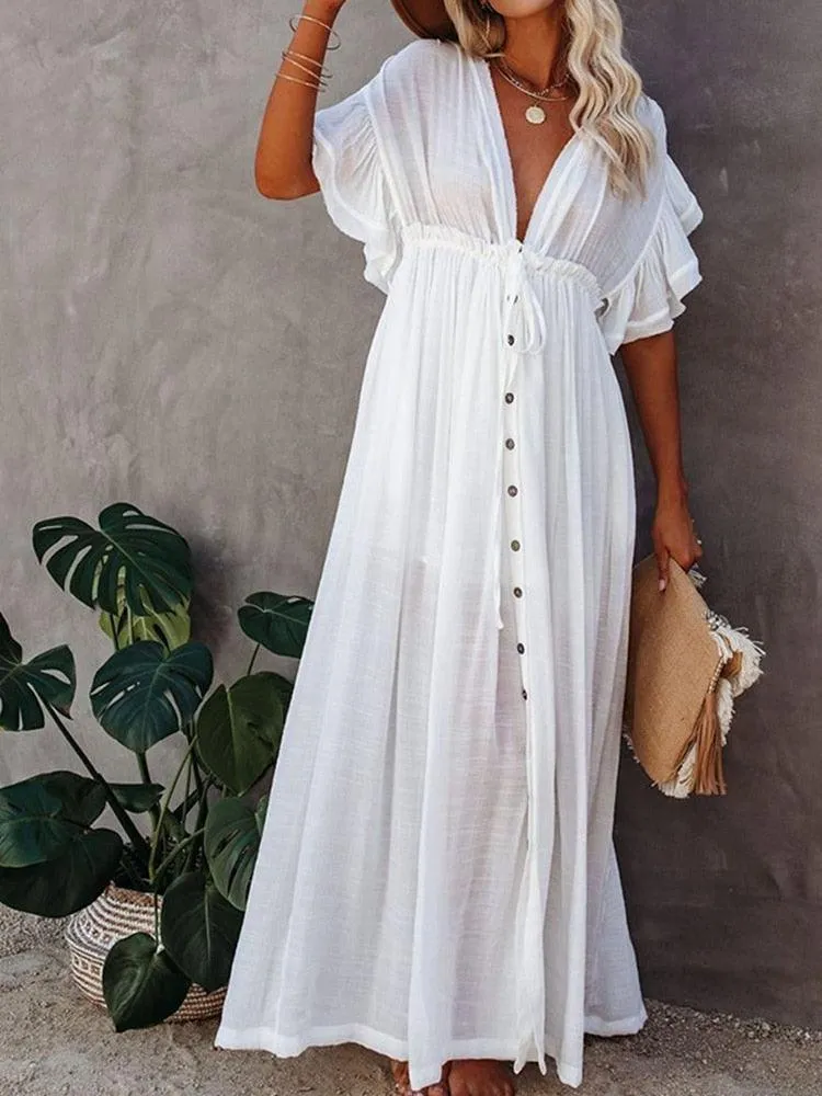 Bohemian Maxi Dress, Beach Dress, Women Boho Long Bikini Cover Up Dress, High Waist Casual V-Neck Sexy Dress