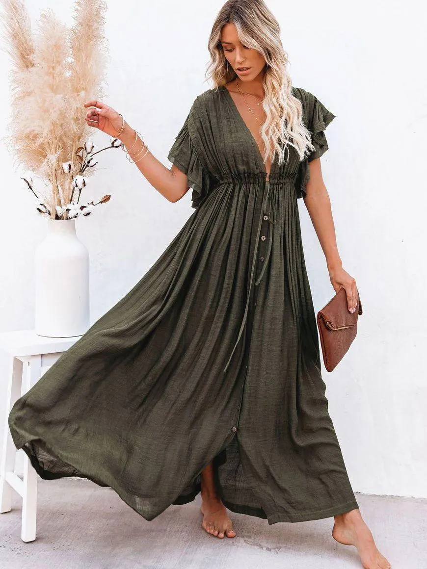 Bohemian Maxi Dress, Beach Dress, Women Boho Long Bikini Cover Up Dress, High Waist Casual V-Neck Sexy Dress