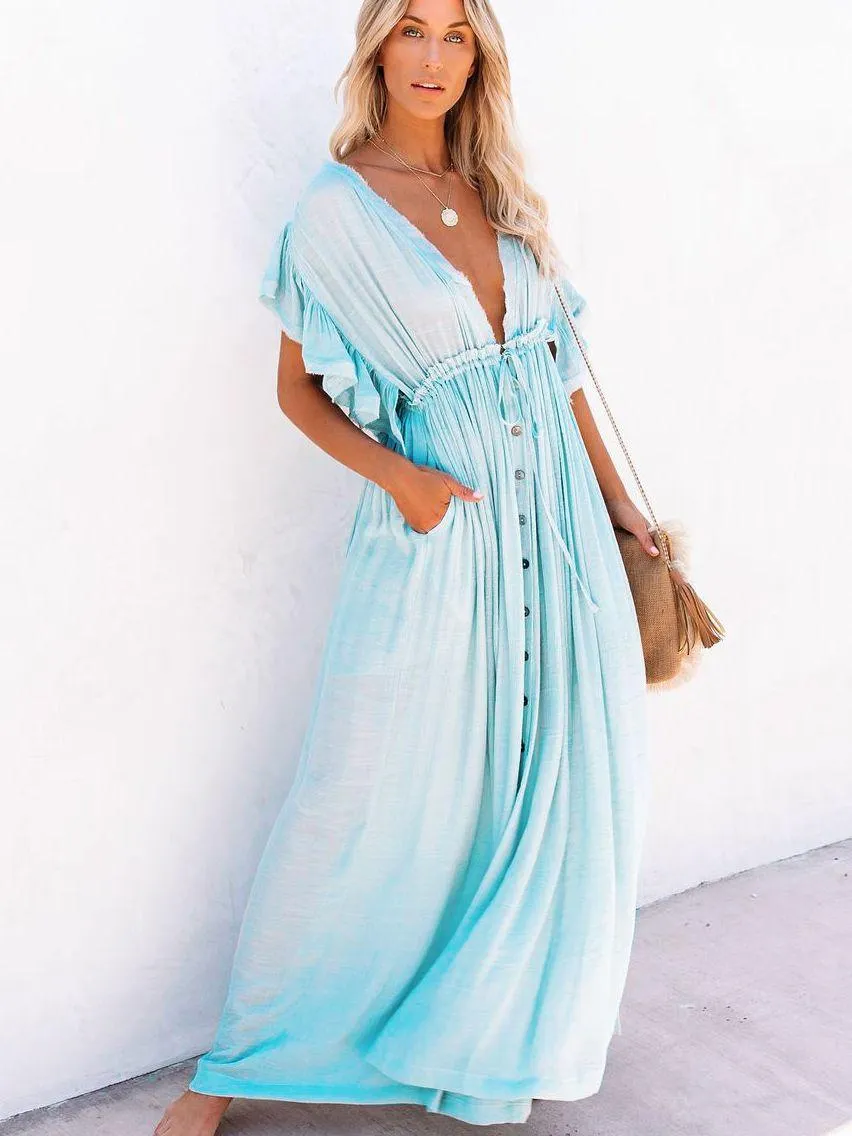 Bohemian Maxi Dress, Beach Dress, Women Boho Long Bikini Cover Up Dress, High Waist Casual V-Neck Sexy Dress
