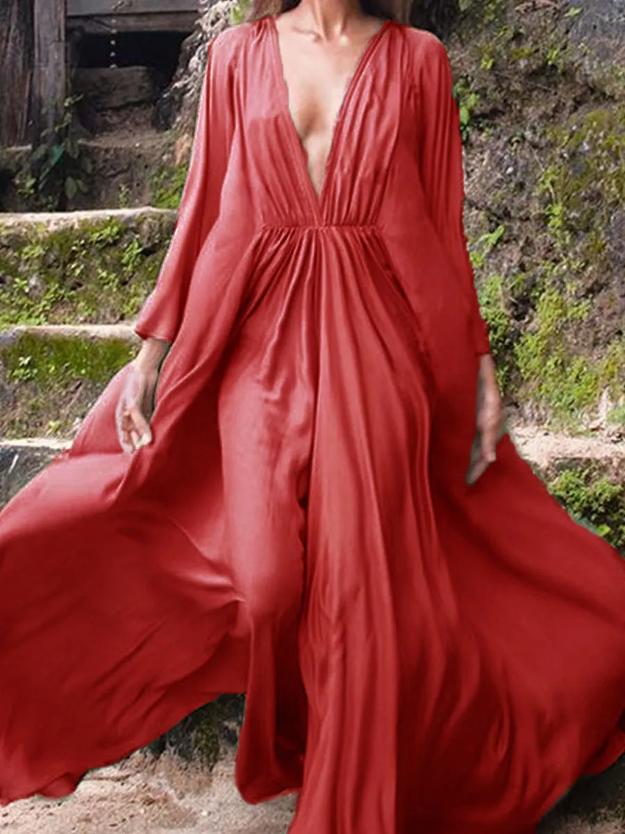 Bohemian Romantic V Neck Long Sleeve Maxi Dress