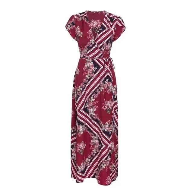 Boho Print V-neck Wrap Summer Elegant High Waist Long Short Sleeve Maxi Dress