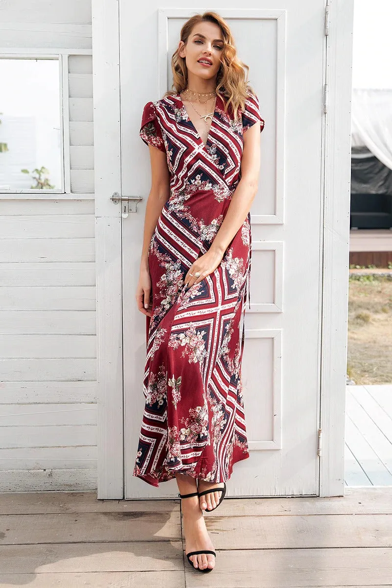 Boho Print V-neck Wrap Summer Elegant High Waist Long Short Sleeve Maxi Dress