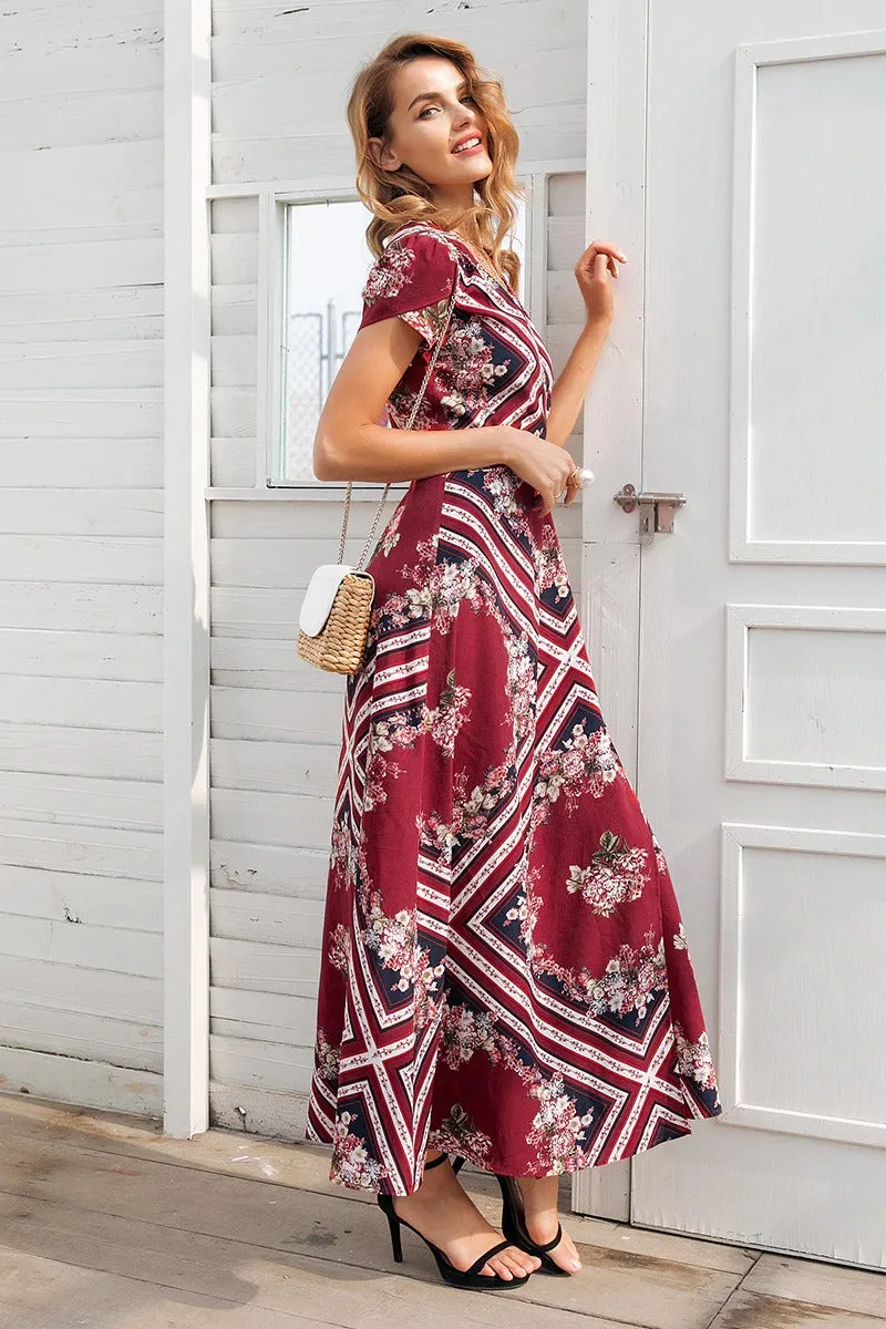 Boho Print V-neck Wrap Summer Elegant High Waist Long Short Sleeve Maxi Dress