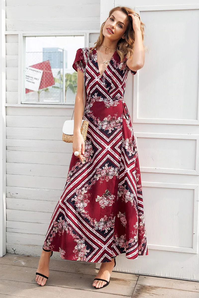 Boho Print V-neck Wrap Summer Elegant High Waist Long Short Sleeve Maxi Dress