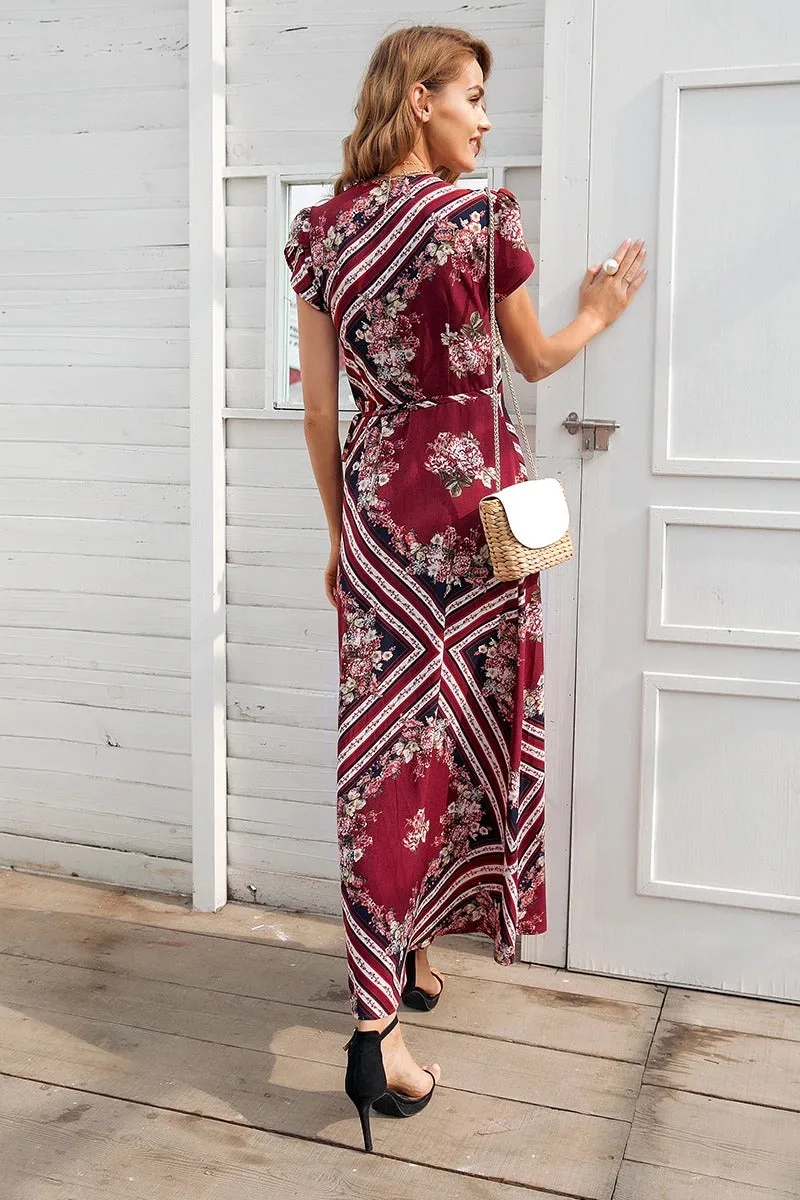 Boho Print V-neck Wrap Summer Elegant High Waist Long Short Sleeve Maxi Dress