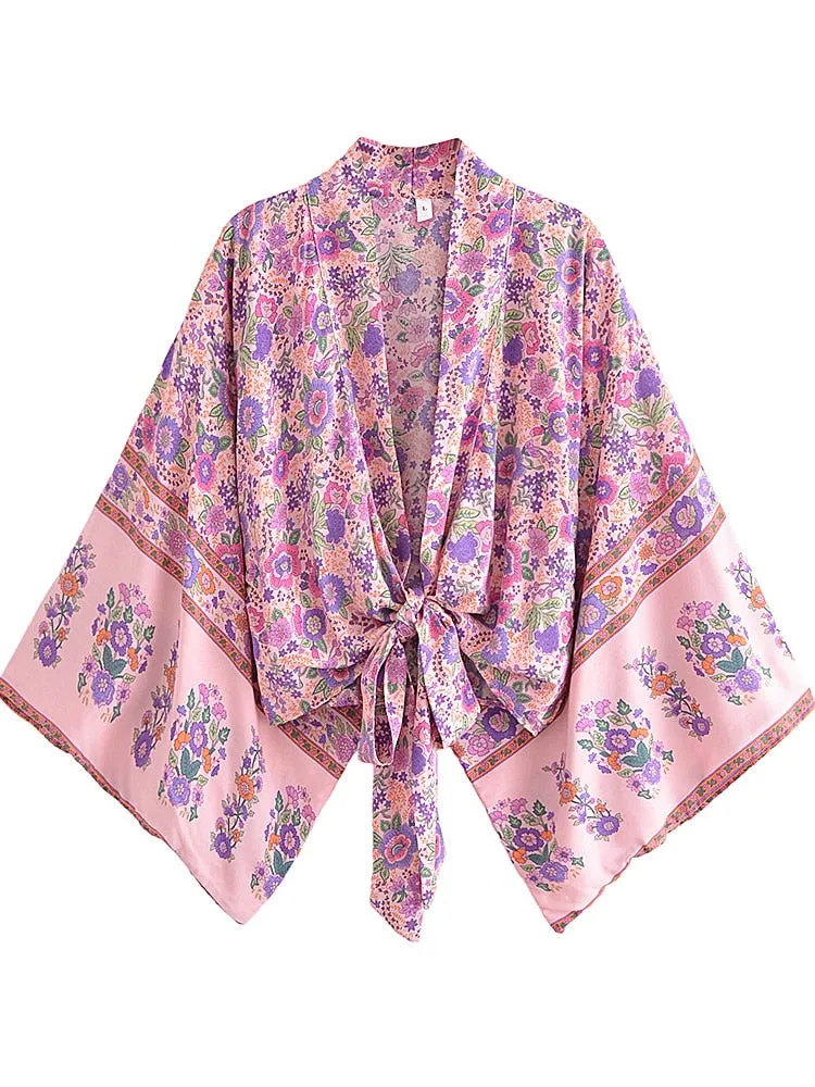Boho Vintage Floral Print Short Kimono Wrap Tops