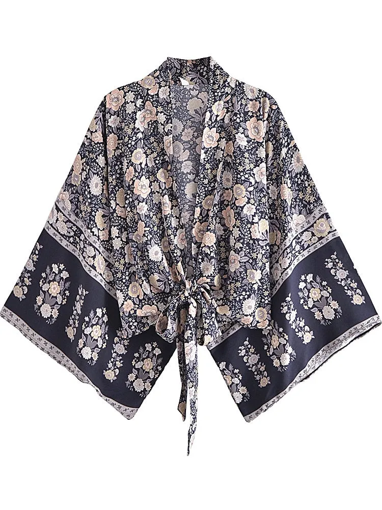 Boho Vintage Floral Print Short Kimono Wrap Tops