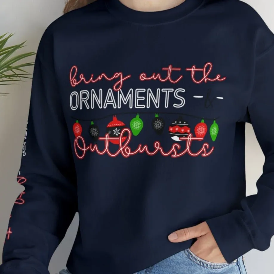 Bring Out the Ornaments and Outbursts Women's Sweatshirt: Festive Ornaments & Arm Detail