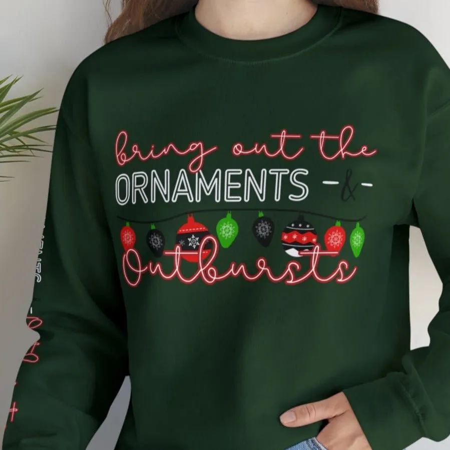 Bring Out the Ornaments and Outbursts Women's Sweatshirt: Festive Ornaments & Arm Detail