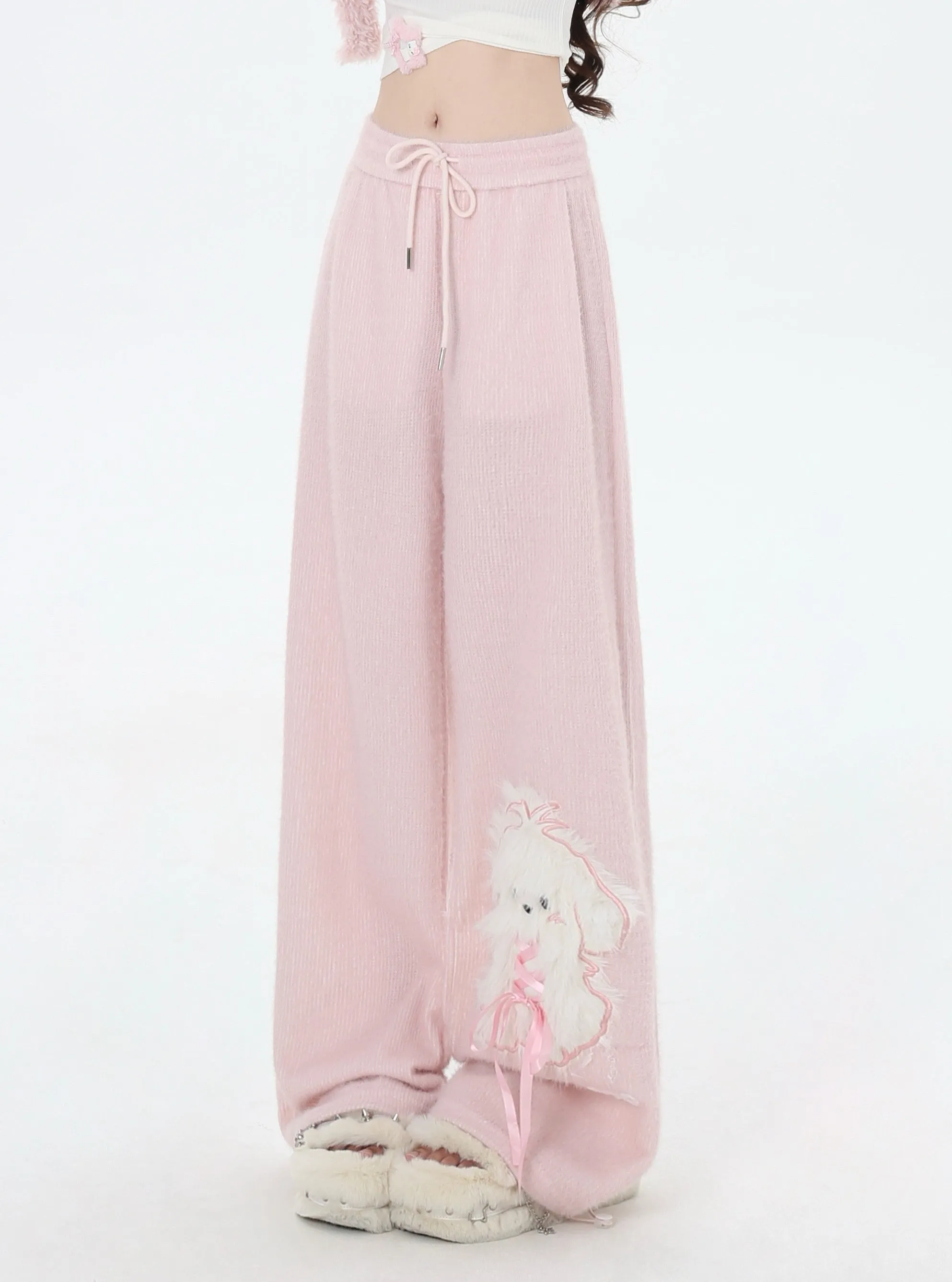 Crazy Girl White Puppy Dog Pink Elastic Waist Sweatpants