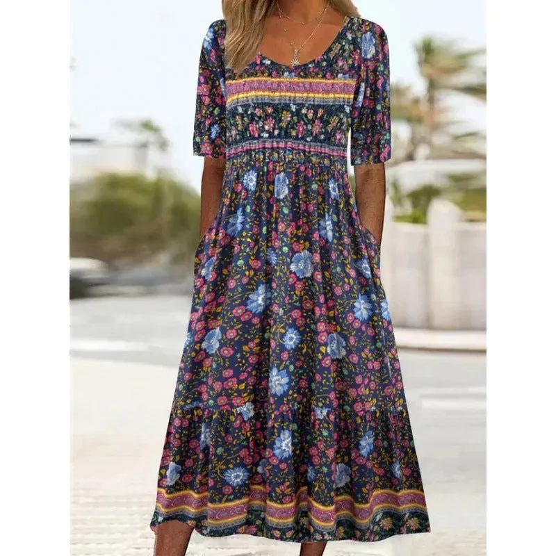 DEANWANGKT European and American  Summer New Women's round Neck Short Sleeve Dress Bohemian Print Dress Women