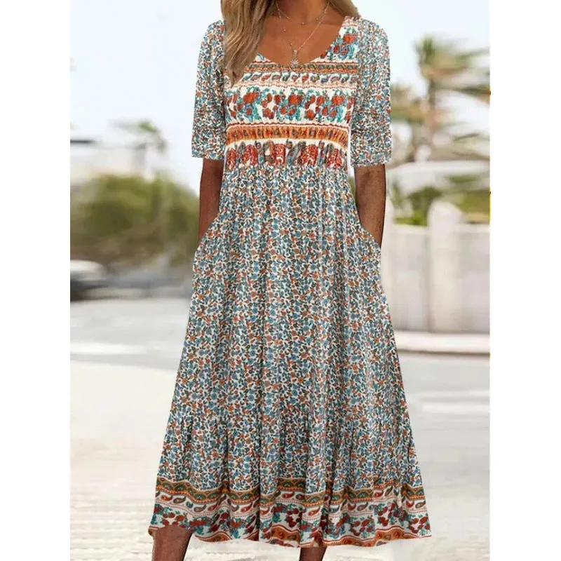 DEANWANGKT European and American  Summer New Women's round Neck Short Sleeve Dress Bohemian Print Dress Women