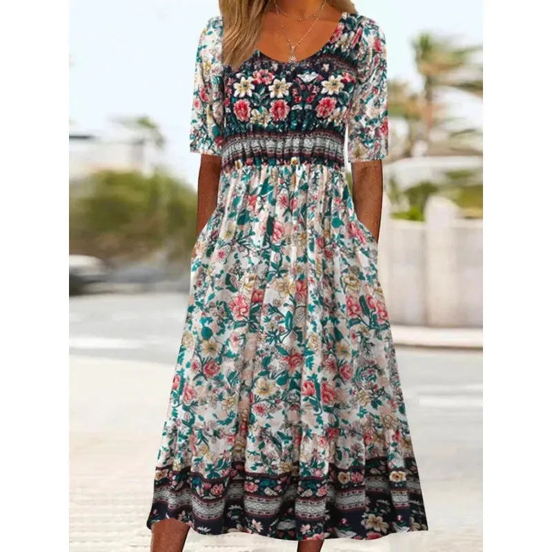 DEANWANGKT European and American  Summer New Women's round Neck Short Sleeve Dress Bohemian Print Dress Women