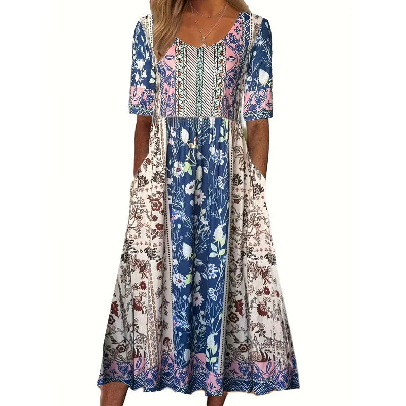 DEANWANGKT European and American  Summer New Women's round Neck Short Sleeve Dress Bohemian Print Dress Women