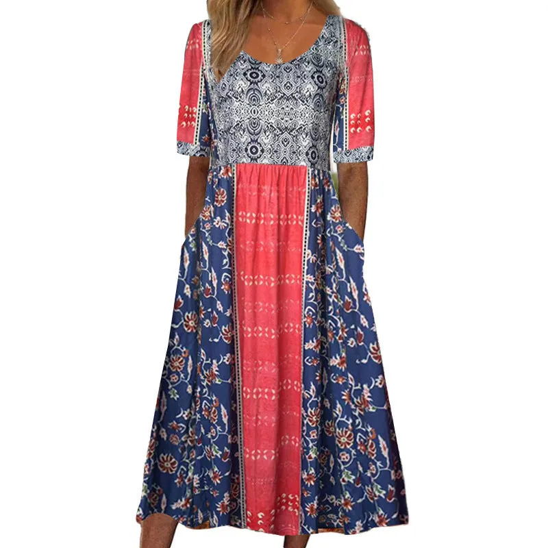 DEANWANGKT European and American  Summer New Women's round Neck Short Sleeve Dress Bohemian Print Dress Women