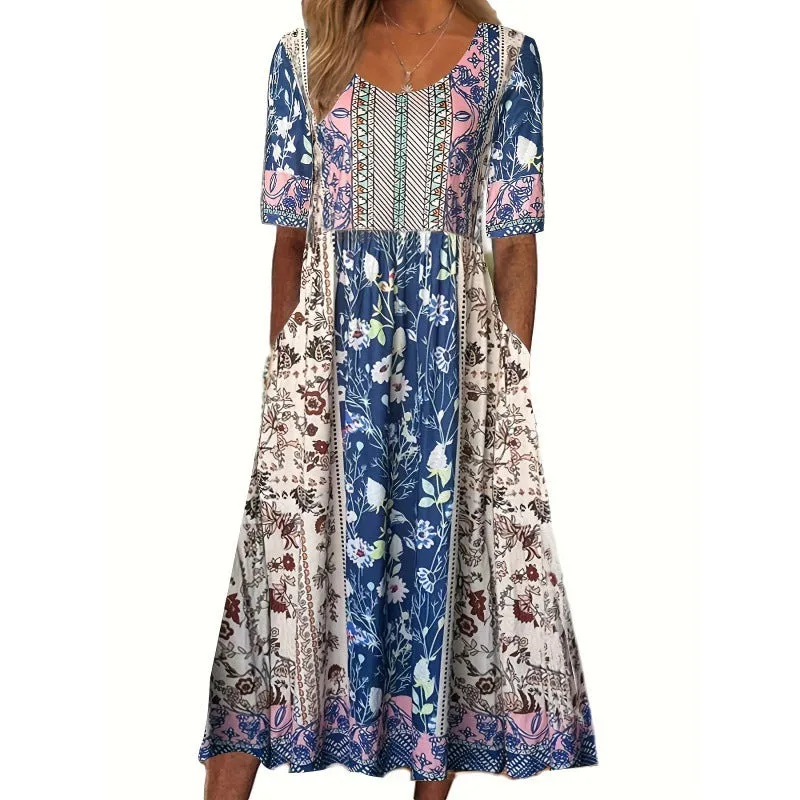 DEANWANGKT European and American  Summer New Women's round Neck Short Sleeve Dress Bohemian Print Dress Women