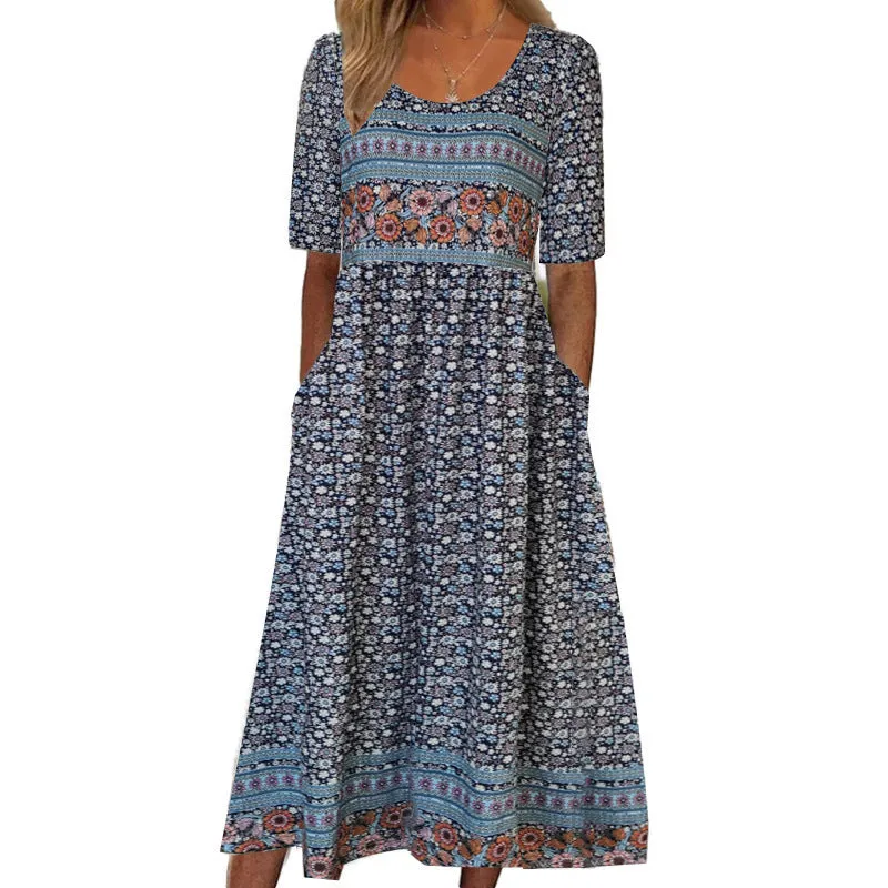 DEANWANGKT European and American  Summer New Women's round Neck Short Sleeve Dress Bohemian Print Dress Women