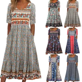 DEANWANGKT European and American  Summer New Women's round Neck Short Sleeve Dress Bohemian Print Dress Women