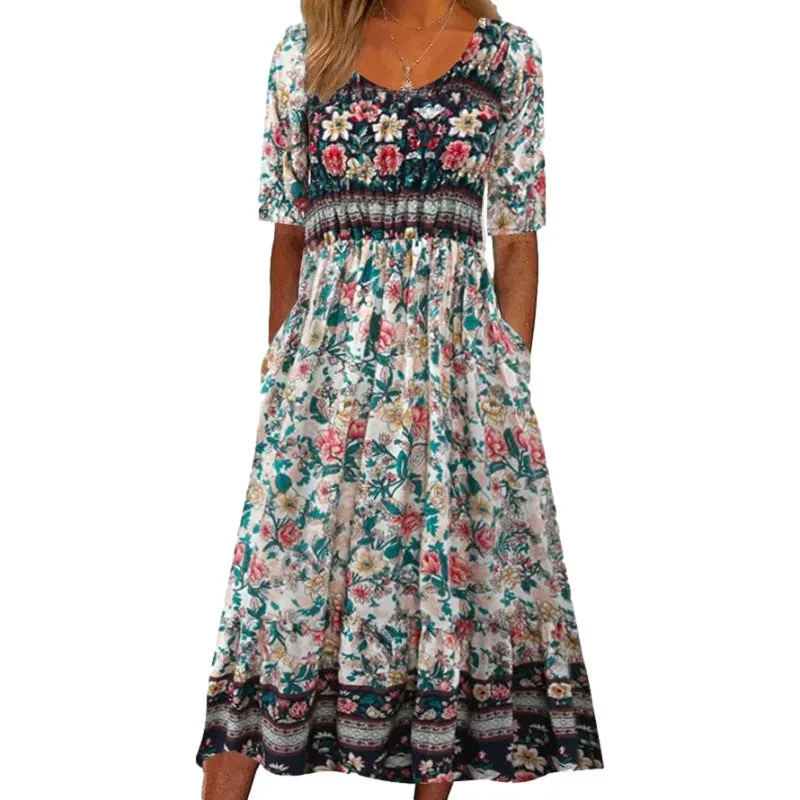 DEANWANGKT European and American  Summer New Women's round Neck Short Sleeve Dress Bohemian Print Dress Women