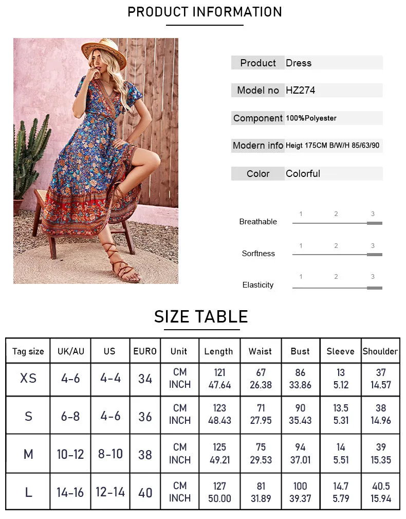 DEANWAQNGKT  Wish  Hot Hot-Sale Women's Clothing Cross-Border Foreign Trade Bohemian Lace-up Long V-neck Printed Dress