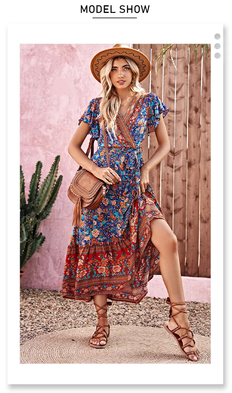 DEANWAQNGKT  Wish  Hot Hot-Sale Women's Clothing Cross-Border Foreign Trade Bohemian Lace-up Long V-neck Printed Dress
