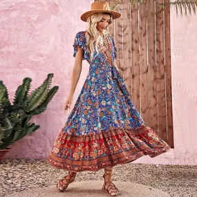 DEANWAQNGKT  Wish  Hot Hot-Sale Women's Clothing Cross-Border Foreign Trade Bohemian Lace-up Long V-neck Printed Dress