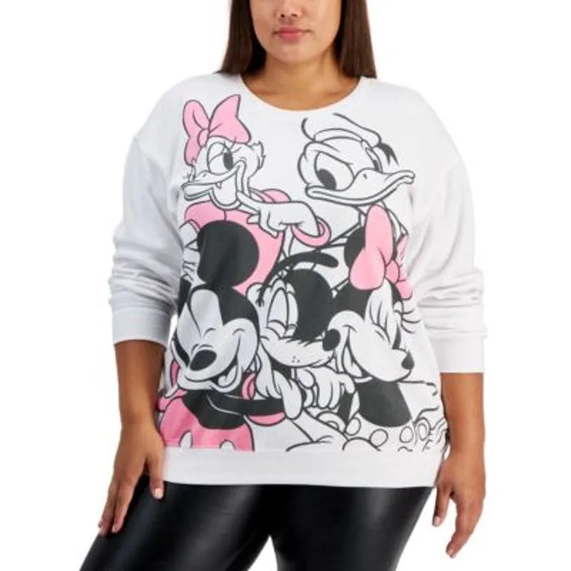 Disney Juniors Trendy Plus Size Mickey & Friends Sweatshirt White & Pink, 3X