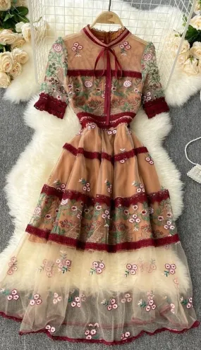 Elegant See Through Long Lantern Sleeve Mesh Dress, Flower Embroidery Lace High Waist Bohemian Maxi Dress
