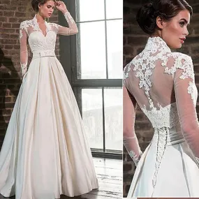 Elegant Wedding Dresses Long Sleeves Lace Satin with Pockets Wedding Gowns Bride Dress Vintage Customize  Robe De Mariee