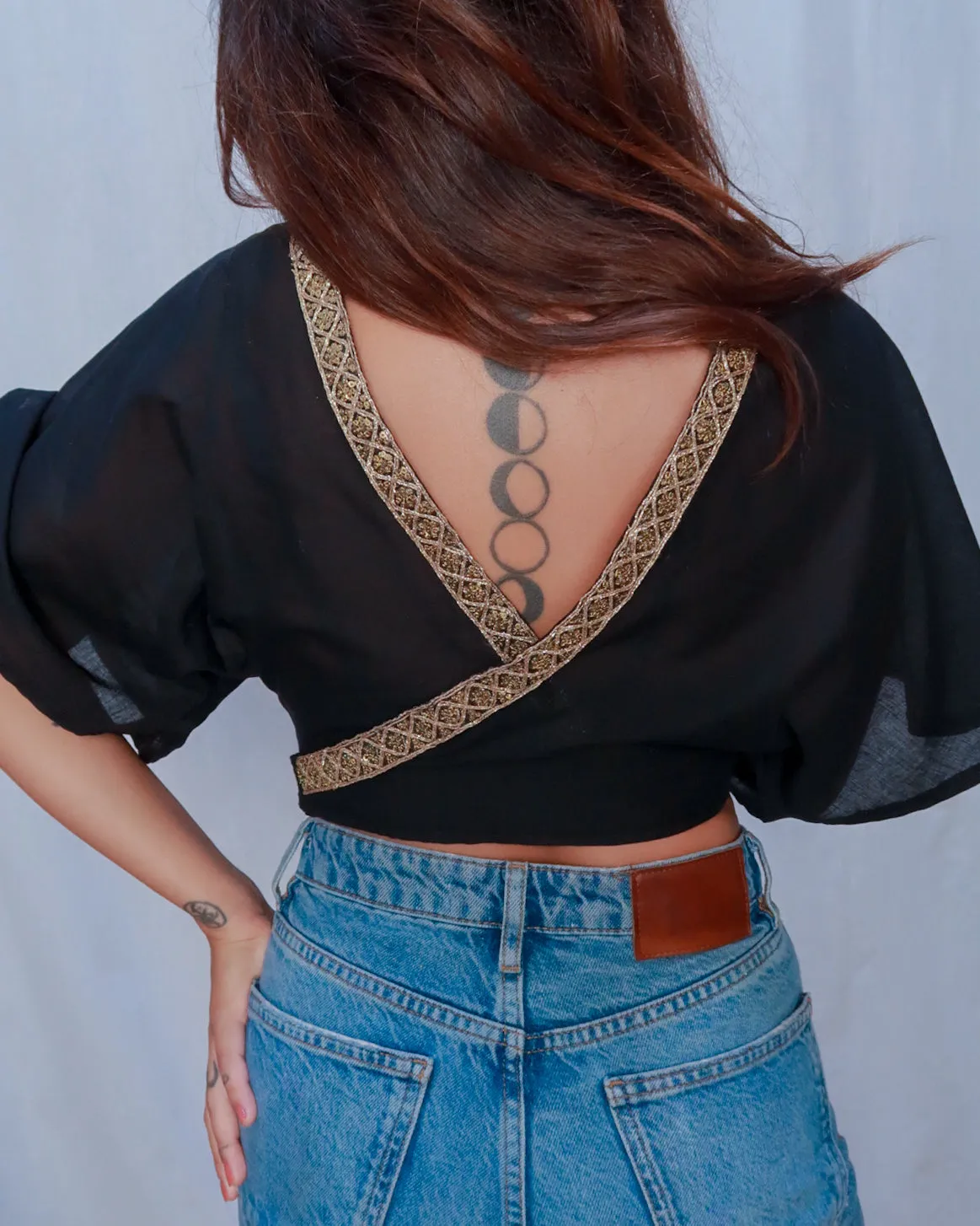 Embroidered bohemian reversible wrap top | Black