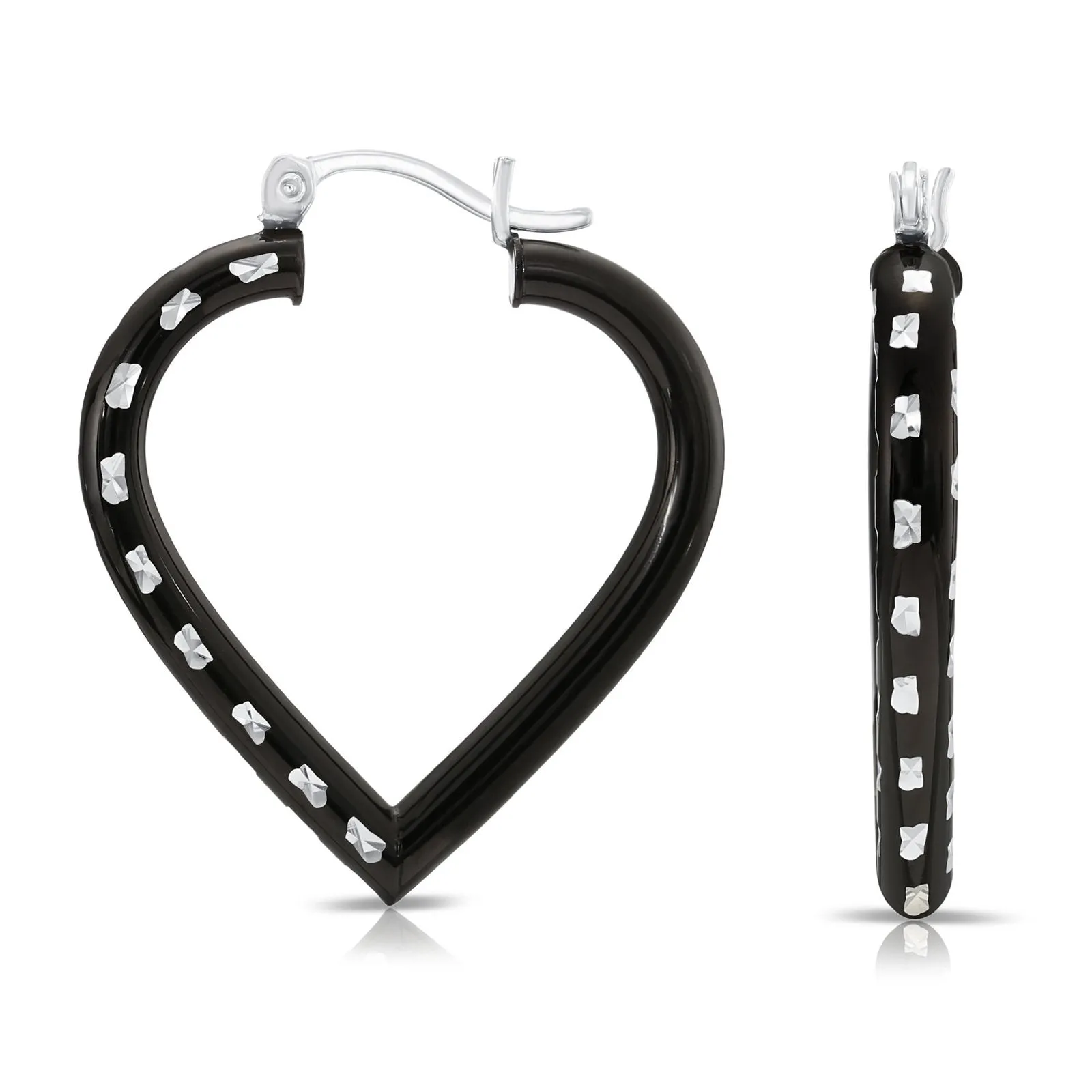 Fancy Glossy Black Diamond-cut Heart Hoop Earrings in Sterling Silver