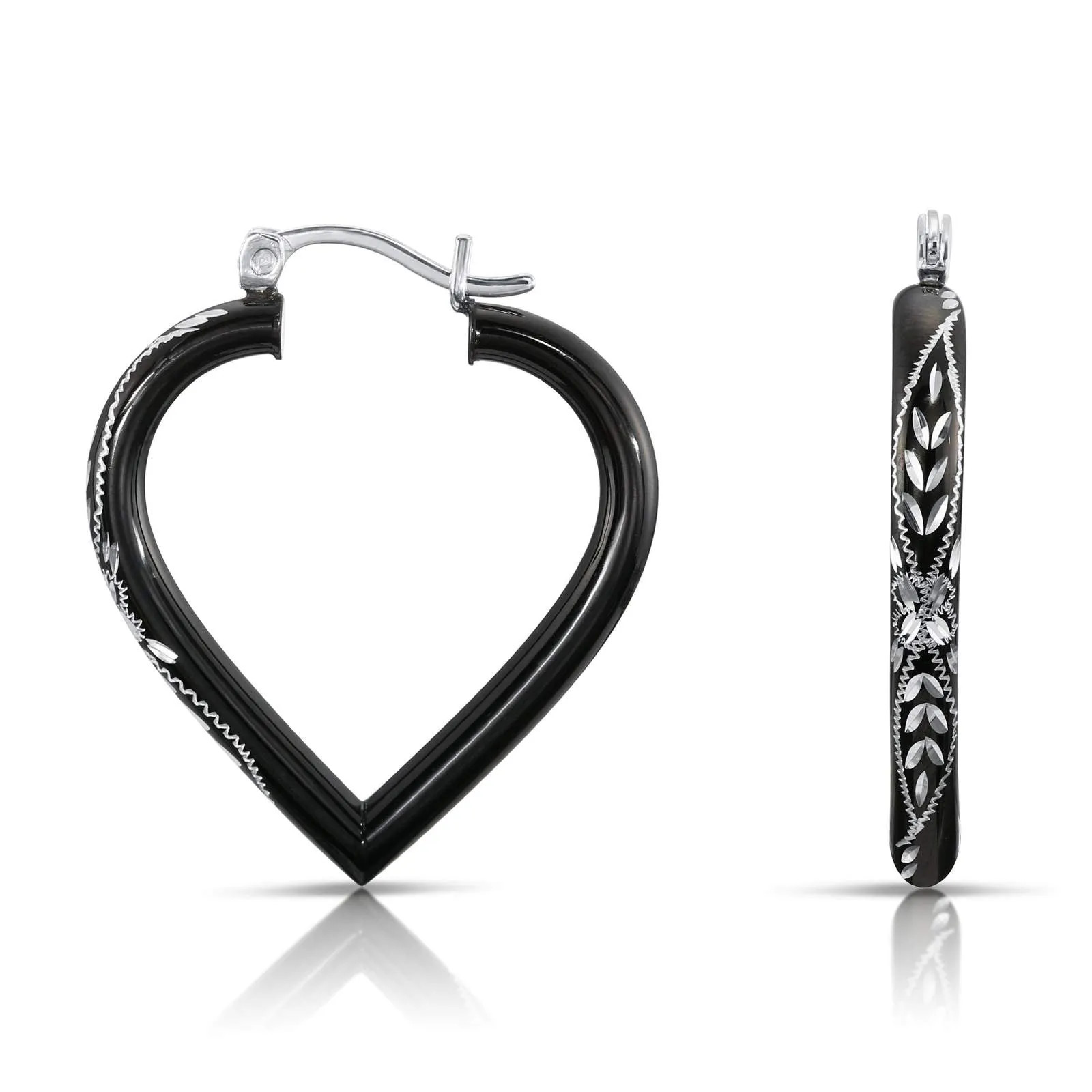 Fancy Glossy Black Diamond-cut Heart Hoop Earrings in Sterling Silver