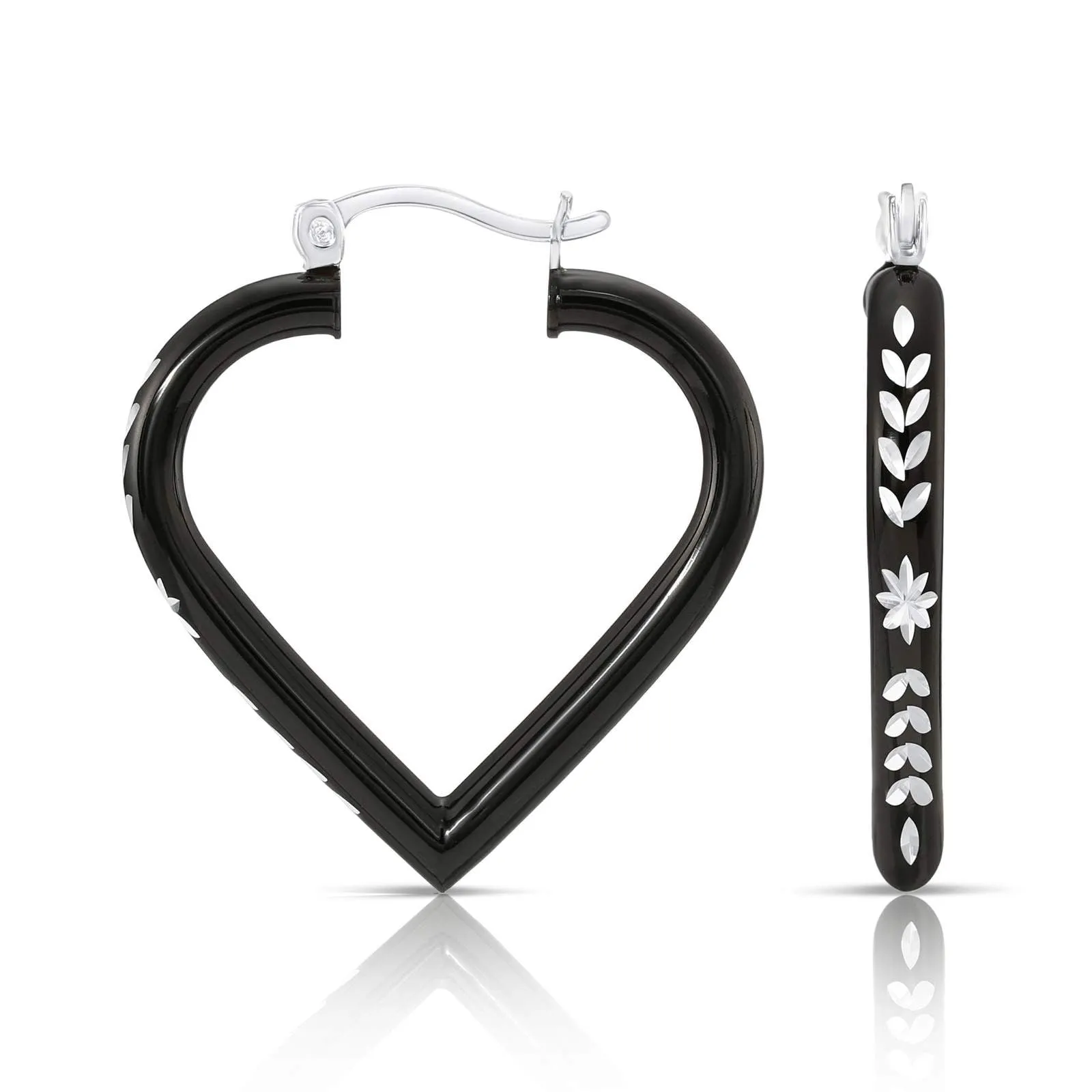 Fancy Glossy Black Diamond-cut Heart Hoop Earrings in Sterling Silver