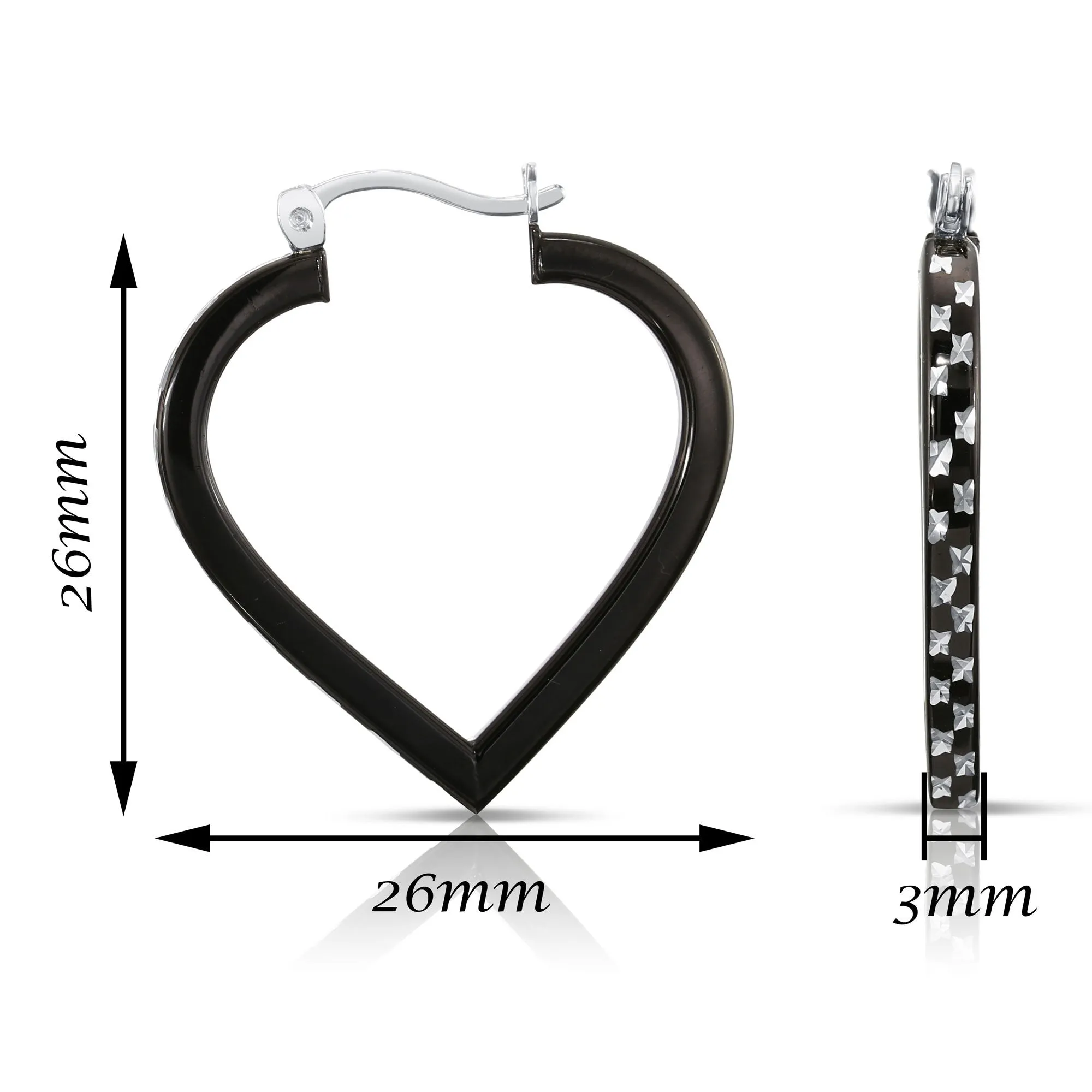 Fancy Glossy Black Diamond-cut Heart Hoop Earrings in Sterling Silver