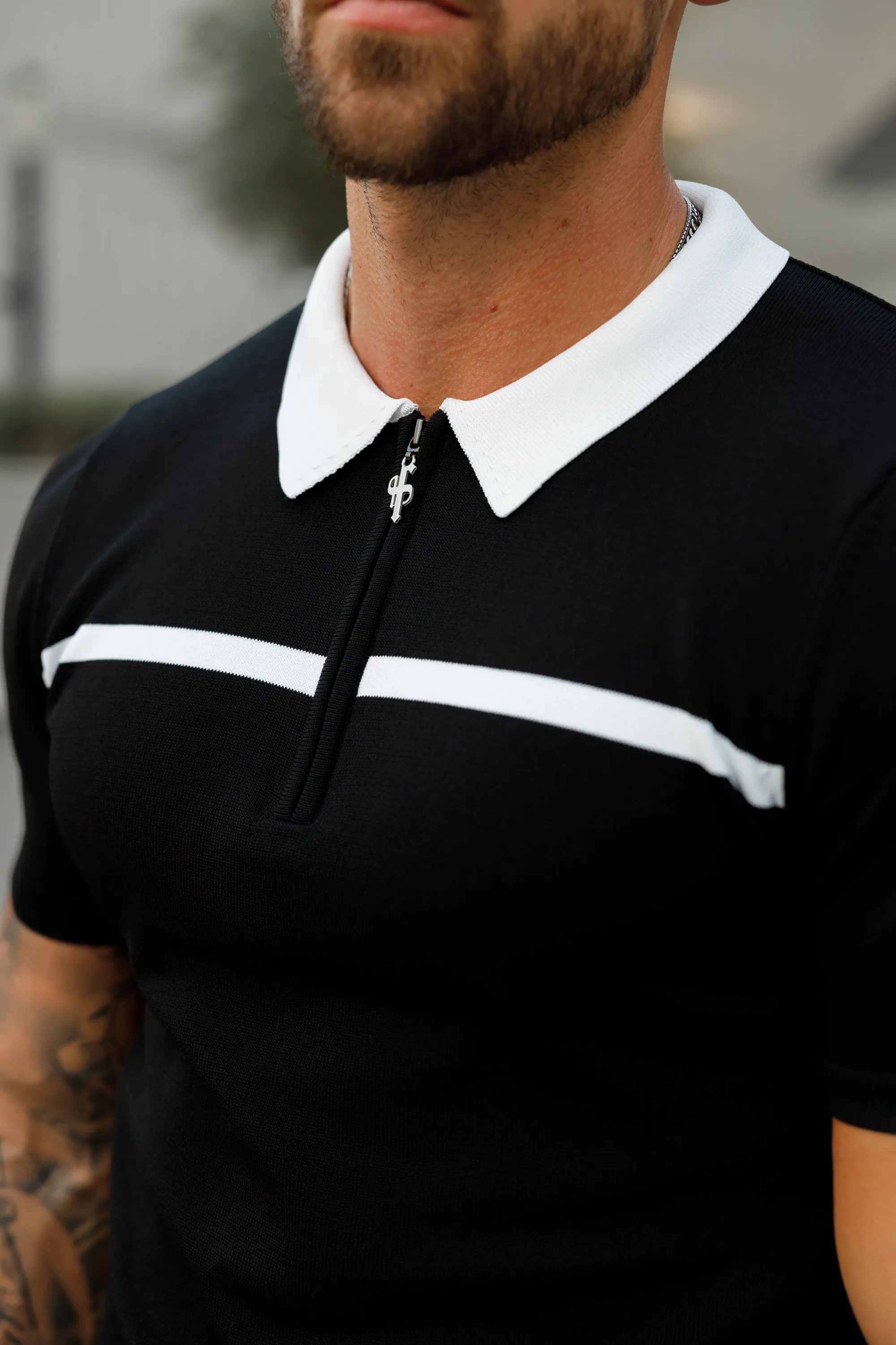Father Sons Classic Black / White Horizontal Stripe Zipped Polo Short Sleeve - FSN038